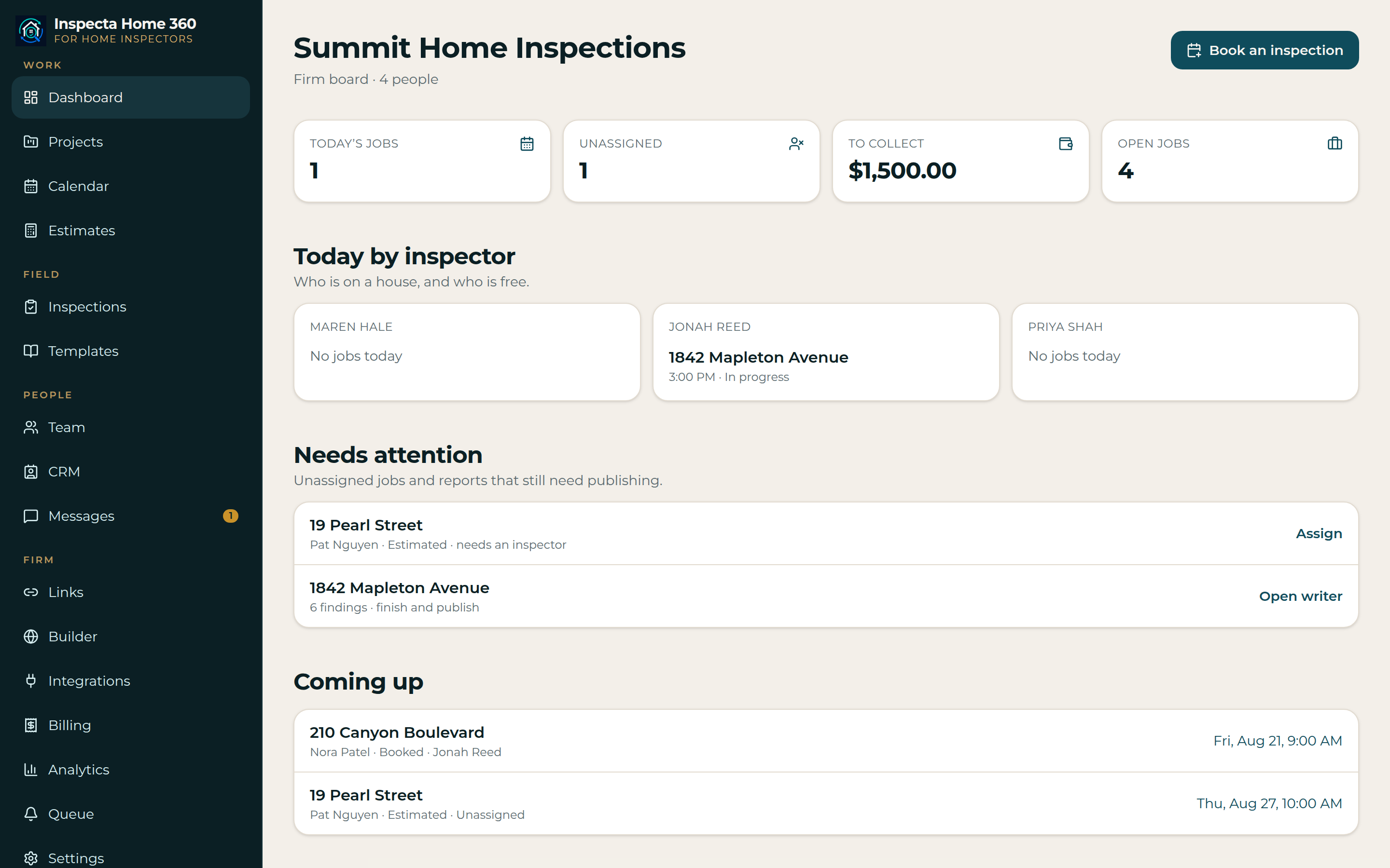 Inspecta Home 360 firm board with today’s jobs, inspectors, and work that needs attention